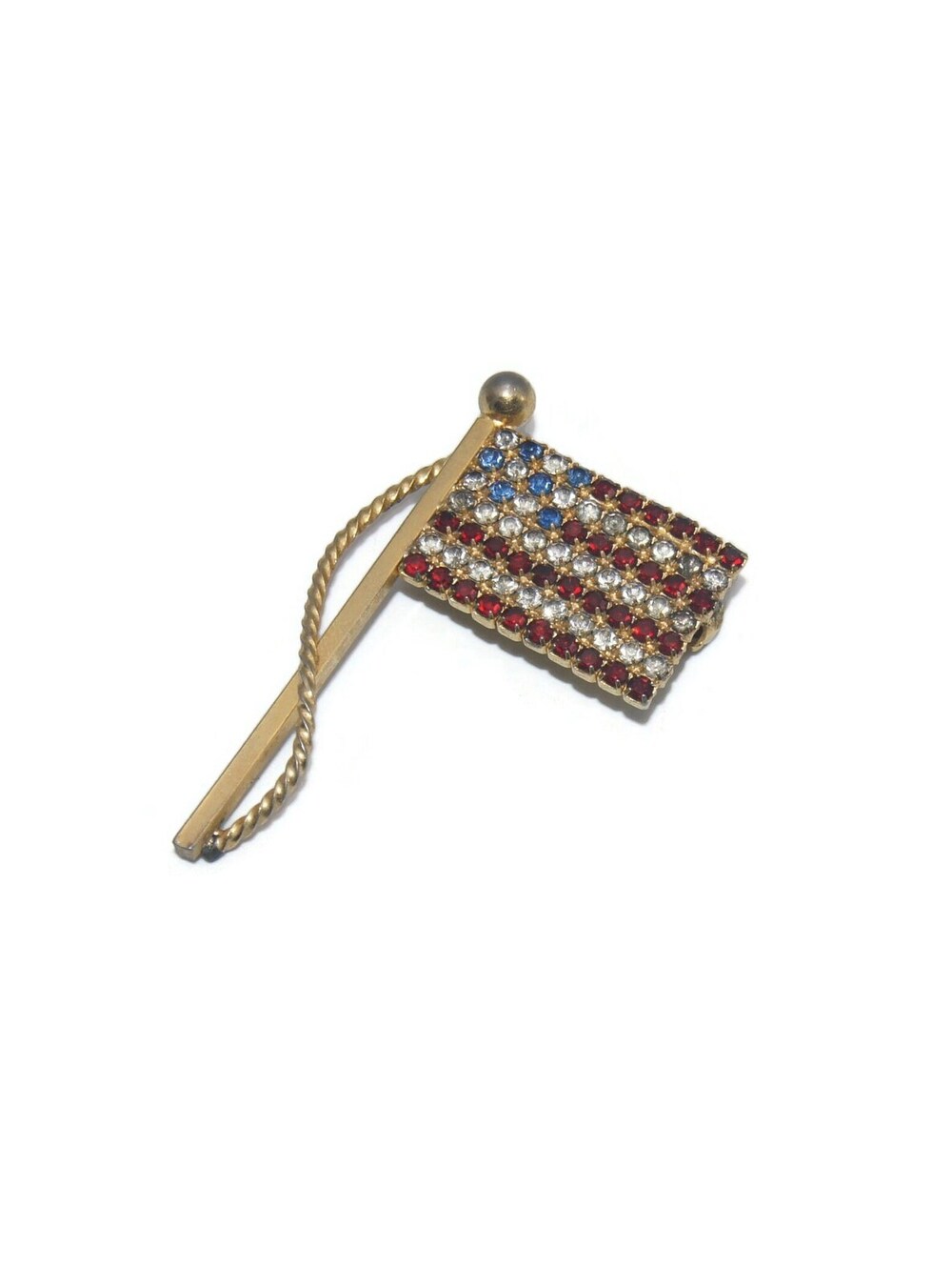 Vintage Gold Tone American Flag Brooch with Red, Clear and Blue Rhinestones.